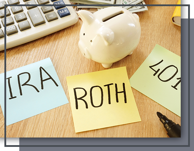 Image of a piggy bank next to notes that say 401k and IRA