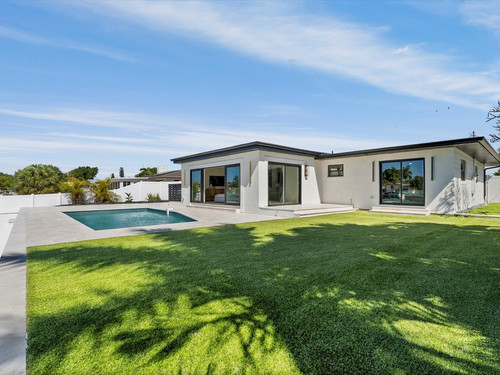 palm trees shading grass beside house