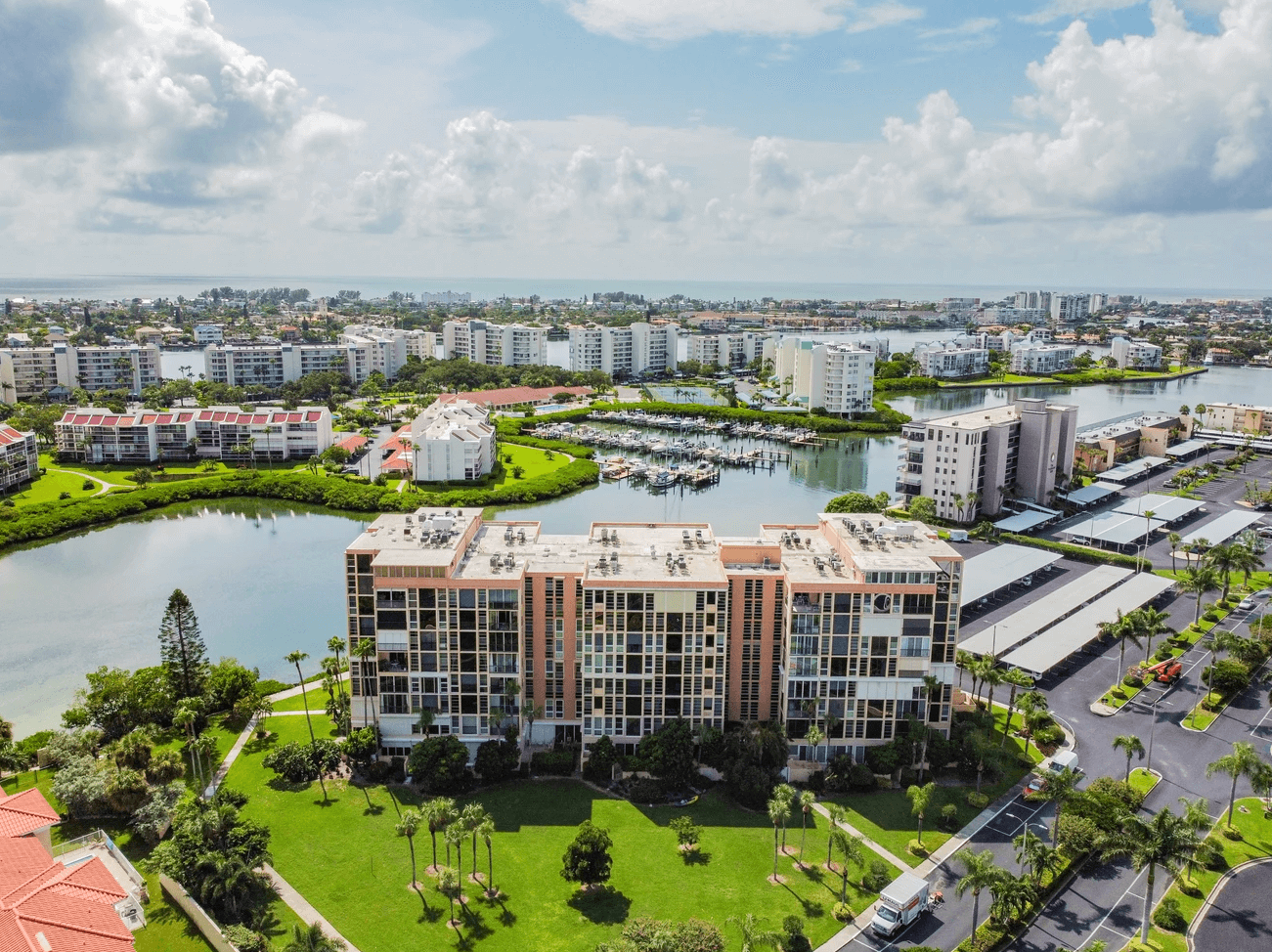 overview of high rise with ocean behind