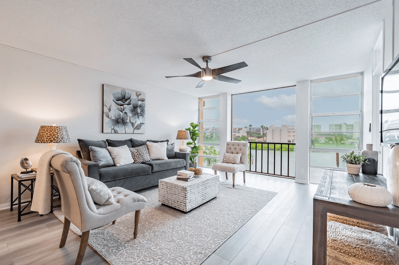 living room with view of water