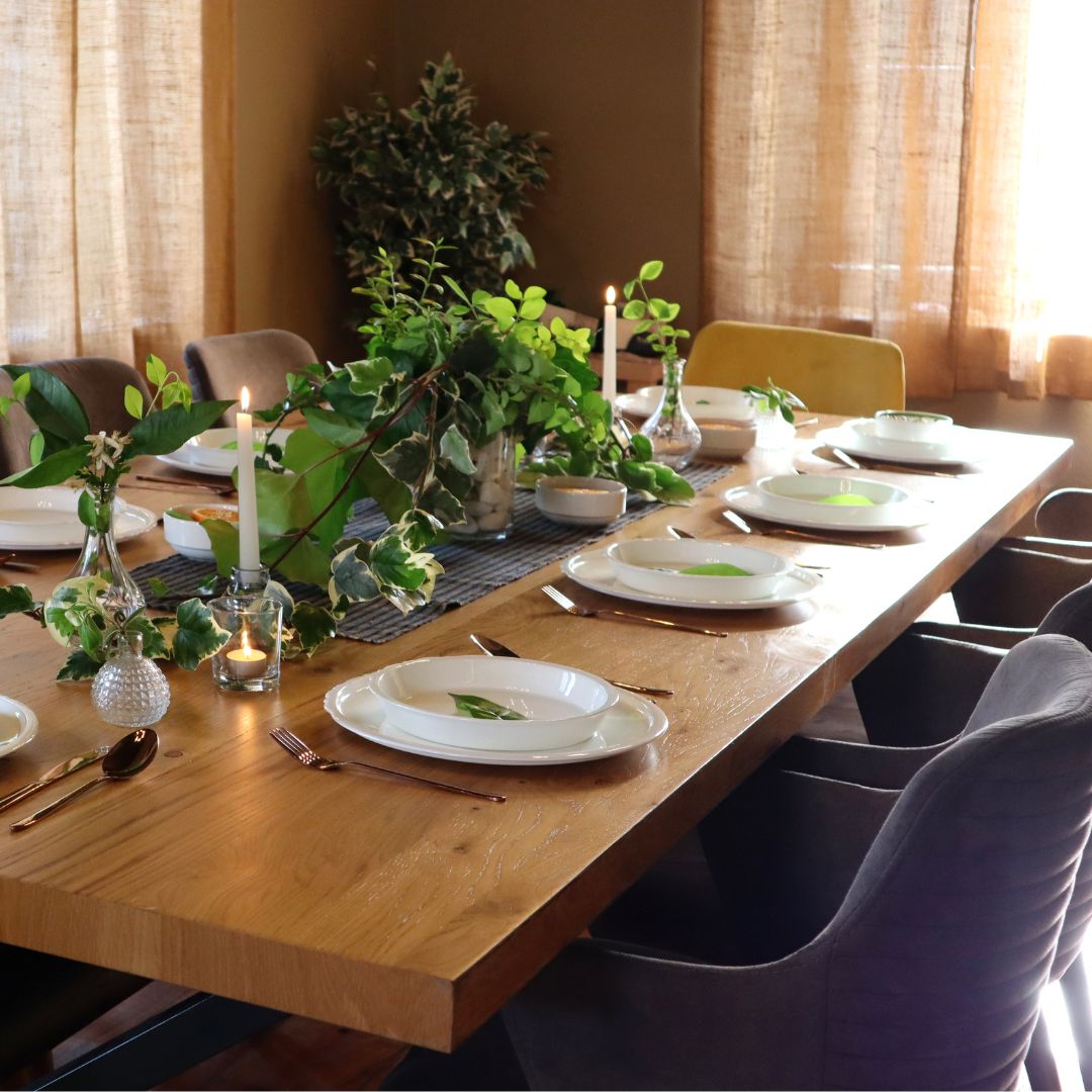 wood dining table set with dishes