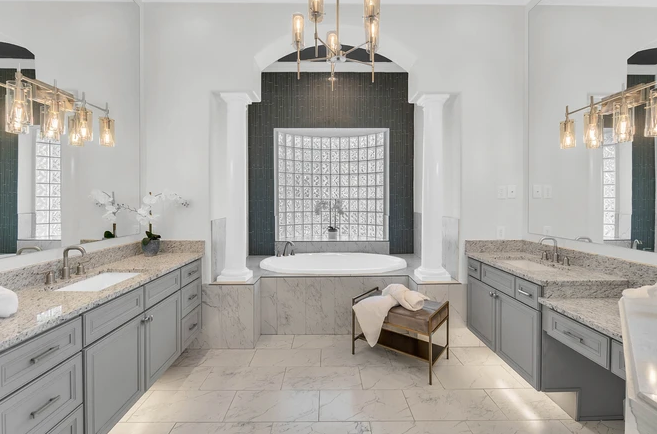 high end bathroom with chandelier