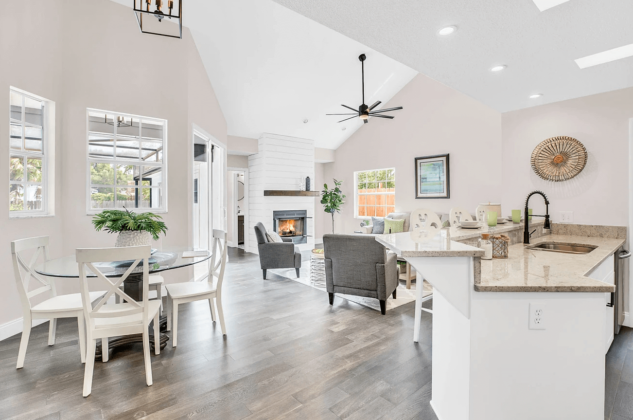 open concept kitchen living dining room