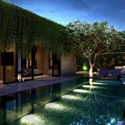 outside a luxury house with designed landscaping