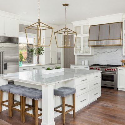 high end kitchen with quartzite countertops