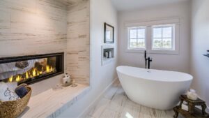 bathroom with a built in fireplace and freestanding tub