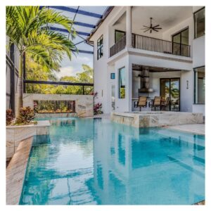 large screened in patio with luxury pool and outdoor bar