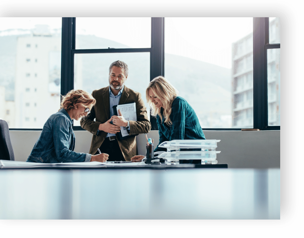profession man and women sit at table in conference room