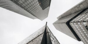 tall commercial buildings from below