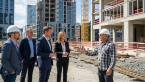Business professionals collaborating on commercial rental property investments.