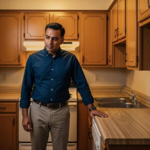 An investor looking thoughtfully at a dated apartment kitchen