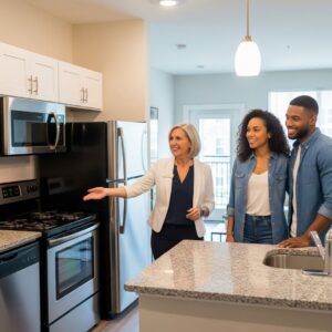 A female leasing agent is cheerfully showing a bright, newly renovated apartment to a young couple