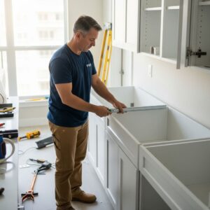 A construction worker is carefully installing modern, white shaker-style cabinets in an apartment kitchen undergoing renovation