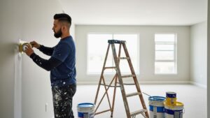 A painter in work clothes is taping the edges of a wall in a vacant apartment
