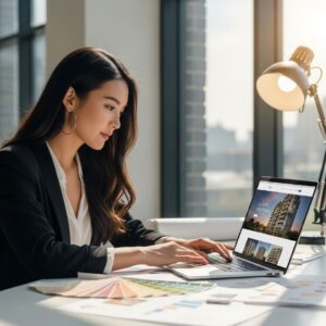 A woman works on creating a web page to advertise luxury apartments.