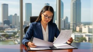 Financial professionals in a Tampa, Florida office planning a 401k to self-directed IRA conversion for real estate investment.