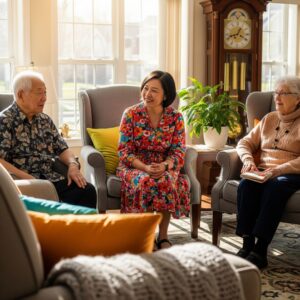 Residents socializing in the common area of a residential assisted living home