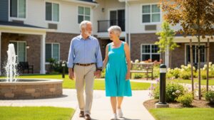 A happy senior couple enjoying the amenities of a residential assisted living facility