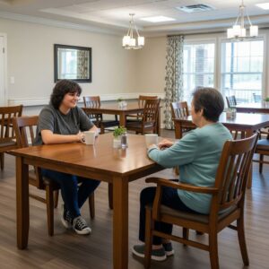 an adult kid sits with their parent in a residential assisted living facility dining room