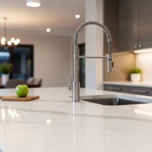 Close-up of a modern kitchen island with a sleek white countertop and high-end fixtures, highlighting premium home design.