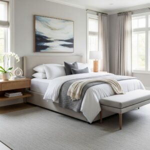 A beautifully staged master bedroom with elegant decor and neutral colors, creating a serene and inviting atmosphere.