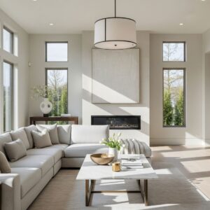 A bright and spacious luxury living room with modern furniture, large windows, and a clean, high-end aesthetic, perfect for a luxury real estate investment property.