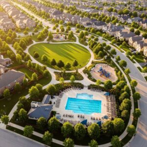 Aerial Image of neighborhood with park and community pool
