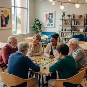 A diverse group of seniors engaged in a bright common area.