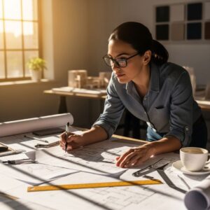 A person looking at architectural blueprints on a sunlit table.