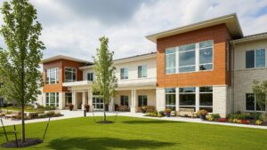 A clean, modern two-story residential building with large windows and a well-maintained lawn is shown.