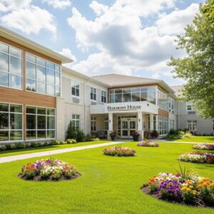 An exterior shot of a modern, inviting residential assisted living facility.