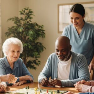 Senior residents playing a game together at a table while a staff member looks on.