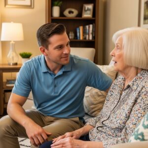 A male caregiver attentively listening to an elderly female resident in a comfortable living room.