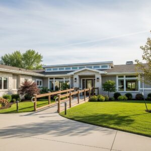 A modern, residential-style assisted living home with a large driveway and an accessible ramp.