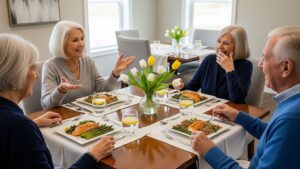enior residents laughing and talking together while eating a meal in a modern, residential dining room.