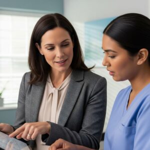 A nurse practitioner and a caregiver reviewing a patient's chart together.