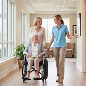 senior and their family walking the halls during a tour of a Residential Assisted Living facility