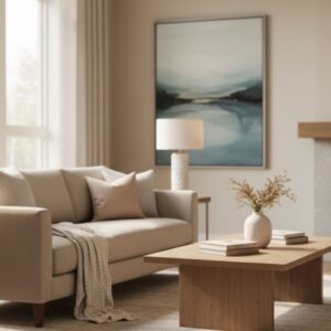A bright, modern residential living room interior, symbolizing a high-end senior assisted living home.