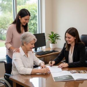 senior resident and an adult child signing up for a place at an assisted living facility