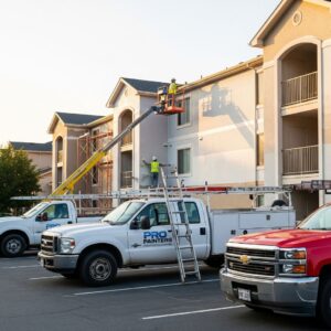 Workers and trucks at an apartment complex, painting the exterior as part of a renovation.
