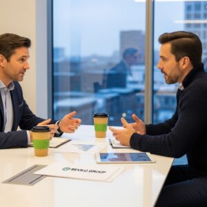 A man from Revilo Group meeting with an investor, listening to their questions and concerns.