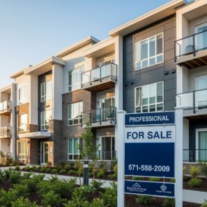 A large, modern multifamily apartment building with a commercial for-sale sign placed in the front.