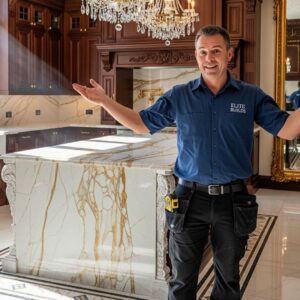 A contractor points to the elaborate and over-the-top details of a luxurious kitchen renovation.