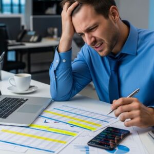 A person looks stressed while working late at their desk, reviewing financial spreadsheets.