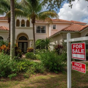 A high end house with price reduced on the for sale sign and landscaping getting overgrown