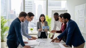A diverse group of professionals are working together, analyzing architectural plans for a new project.
