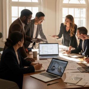 A diverse team of professionals collaborates on a design project in a sunlit, elegant room.