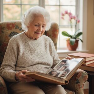 A smiling senior woman sits in an armchair by a window, happily looking at old photo albums.