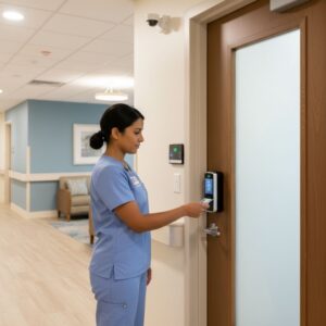 A female caregiver in blue scrubs uses a badge scanner to open a secure door in a clean, brightly lit memory care facility hallway.