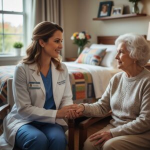 A kind female nurse practitioner in a white coat holds the hand of a smiling senior woman in a comfortable, home-like room